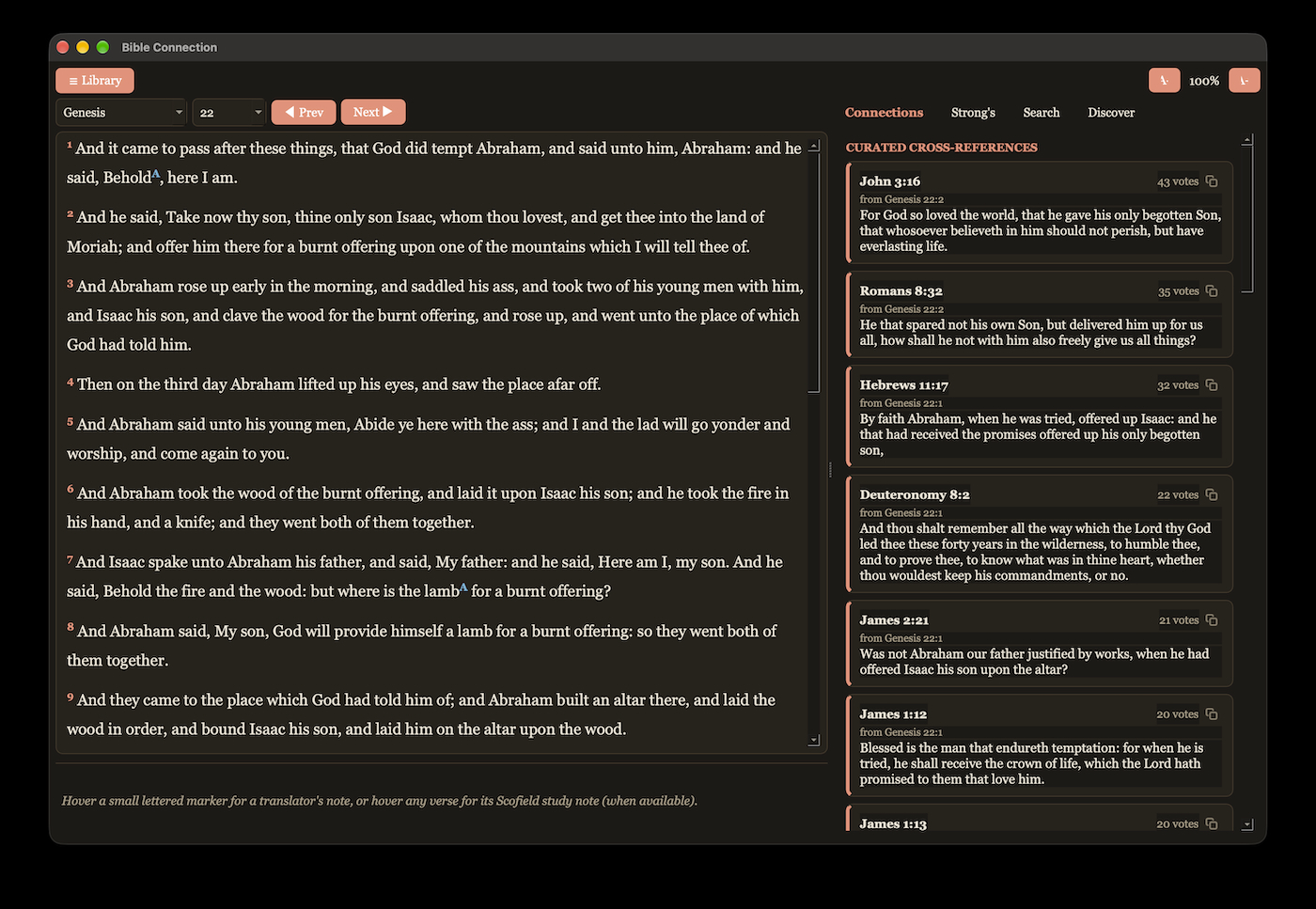 Bible Connection — Genesis 22 with curated cross-references shown alongside